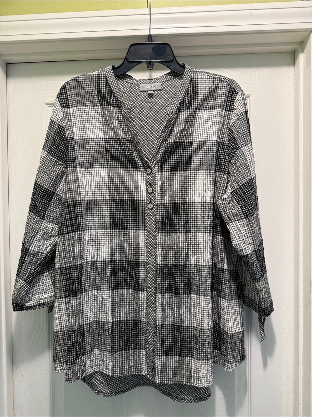Habitat Crinkled Gauze Tunic Top XL Plaid V Neck High Low - Picture 2 of 6